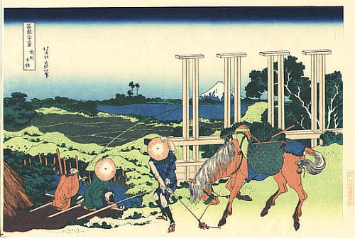 36 Views of Mount Fuji - No. 7 - A man with a horse and two fishermen are marvelling at Mt. Fuji at Senji in Bushu. 36 Views of Mount Fuji - No. 7 - A man with a horse and two fishermen are marvelling at Mt. Fuji at Senji in Bushu.