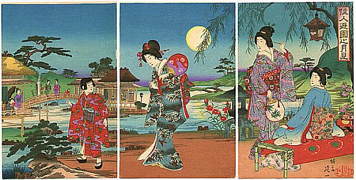 Moon Viewing in a Garden - By Nobukazu Watanabe 1874-1944 Moon Viewing in a Garden - By Nobukazu Watanabe 1874-1944