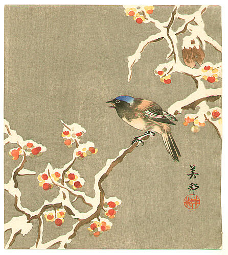 Biho Takahashi 1873-? - Bird on Snow Covered Berry Branch - artelino Art Auctions. Biho Takahashi 1873-? - Bird on Snow Covered Berry Branch