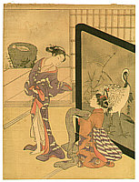 Harunobu Suzuki 1724-1770 - Ladies and Crane Screen - artelino Art Auctions. Harunobu Suzuki 1724-1770 - Ladies and Crane Screen