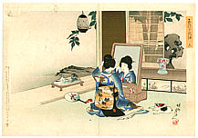 Chikanobu Toyohara 1838-1912 - Cat and Mirror - Azuma Fuzoku - artelino Art Auctions. Chikanobu Toyohara 1838-1912 - Cat and Mirror - Azuma Fuzoku