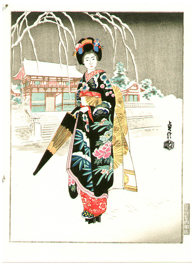 代長谷川貞信〈3〉: Maiko in Snow - Artelino - 浮世絵検索