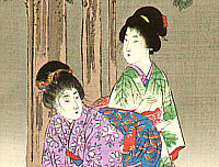 Shuntei Miyagawa 1873-1914 - Sheltering from Shower - Yukiyo no Hana - artelino Art Auctions. Shuntei Miyagawa 1873-1914 - Sheltering from Shower - Yukiyo no Hana