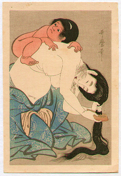 Utamaro Kitagawa 1750-1806 - Combing Hair with Baby - artelino Art Auctions. Utamaro Kitagawa 1750-1806 - Combing Hair with Baby