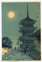 Benji Asada 1899-1984 - Misty Moon at Kiyomizu Temple - artelino Art Auctions. Benji Asada 1899-1984 - Misty Moon at Kiyomizu Temple