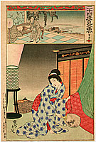Chikanobu Toyohara 1838-1912 - Beauty with Fan - Nijushi Ko Mitate E Awase - artelino Art Auctions. Chikanobu Toyohara 1838-1912 - Beauty with Fan - Nijushi Ko Mitate E Awase