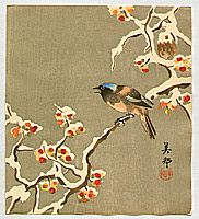 Biho active ca. 1900 - Bird on Snow Covered Berry Branch - artelino Art Auctions. Biho active ca. 1900 - Bird on Snow Covered Berry Branch