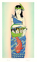 Ryusei Okamoto born 1949 - Lady, Carp and Four Kittens - Boating (blue) - artelino Art Auctions. Ryusei Okamoto born 1949 - Lady, Carp and Four Kittens - Boating (blue)