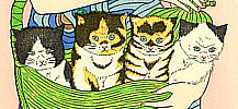 Ryusei Okamoto born 1949 - Lady, Carp and Four Kittens - Boating (blue) - artelino Art Auctions. Ryusei Okamoto born 1949 - Lady, Carp and Four Kittens - Boating (blue)