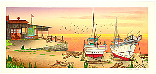 Ryusei Okamoto born 1949 - The Sea in Sunset Glow - Small Fishing Port - artelino Art Auctions. Ryusei Okamoto born 1949 - The Sea in Sunset Glow - Small Fishing Port