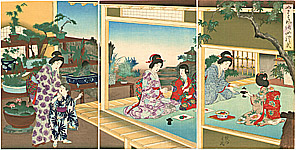 Chikanobu Toyohara 1838-1912 - Tea Party at Bonsai Garden - artelino Art Auctions. Chikanobu Toyohara 1838-1912 - Tea Party at Bonsai Garden
