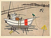 Fumio Kitaoka 1918-2007 - Fishing Boat and Green Crow - artelino Art Auctions. Fumio Kitaoka 1918-2007 - Fishing Boat and Green Crow