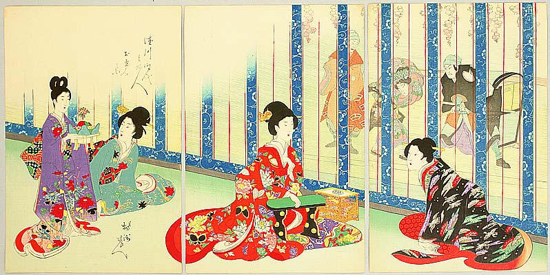 Chikanobu Toyohara 1838-1912 - Theater Performance - Court Ladies in Tokugawa Era - artelino Art Auctions. Chikanobu Toyohara 1838-1912 - Theater Performance - Court Ladies in Tokugawa Era