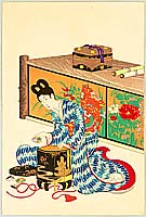 Chikanobu Toyohara 1838-1912 - Girl and Shell Game - artelino Art Auctions. Chikanobu Toyohara 1838-1912 - Girl and Shell Game