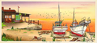Ryusei Okamoto born 1949 - The Sea in Sunset Glow - Small Fishing Port - artelino Art Auctions. Ryusei Okamoto born 1949 - The Sea in Sunset Glow - Small Fishing Port