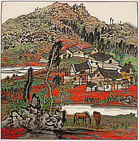 Li Ping born 1963 - Series of Red Land - The Village Beside the Stone Forest No.2