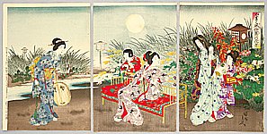 Chikanobu Toyohara 1838-1912 - Garden at Night - artelino Art Auctions. Chikanobu Toyohara 1838-1912 - Garden at Night