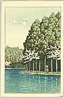 Hasui Kawase 1883-1957 - Cherry Blossoms and Evergreen Forest - artelino Art Auctions. Hasui Kawase 1883-1957 - Cherry Blossoms and Evergreen Forest