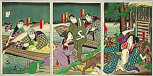 Chikanobu Toyohara 1838-1912 - Cormorant Fisher and Attacking Wolves - Kabuki - artelino Art Auctions. Chikanobu Toyohara 1838-1912 - Cormorant Fisher and Attacking Wolves - Kabuki