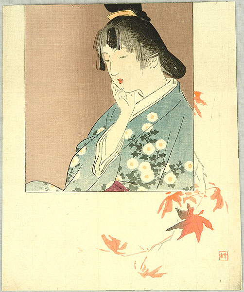 Hanko Kajita 1870-1917 - Girl and Maple Leaves - artelino Art Auctions. Hanko Kajita 1870-1917 - Girl and Maple Leaves
