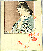 Hanko Kajita 1870-1917 - Girl and Maple Leaves - artelino Art Auctions. Hanko Kajita 1870-1917 - Girl and Maple Leaves