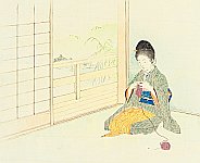 Hanko Kajita 1870-1917 - Knitting in a Room - artelino Art Auctions. Hanko Kajita 1870-1917 - Knitting in a Room