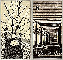 Gihachiro Okuyama 1907-1981 - Peach Blossoms and Collidor of HaseTemple - artelino Art Auctions. Gihachiro Okuyama 1907-1981 - Peach Blossoms and Collidor of HaseTemple