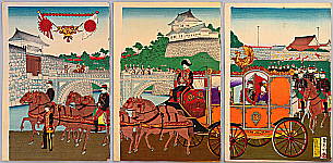 Suiken Chikumu fl. ca. 1889 - Emperor and Empress at Niju-bashi Bridge - artelino Art Auctions. Suiken Chikumu fl. ca. 1889 - Emperor and Empress at Niju-bashi Bridge