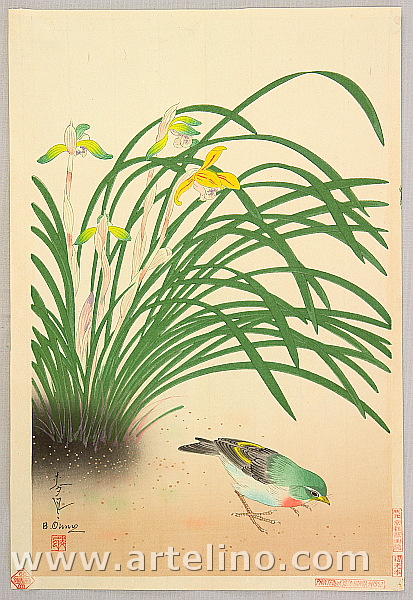 Bakufu Ono 1888-1976 - Finch and River Orchids - artelino Art Auctions. Bakufu Ono 1888-1976 - Finch and River Orchids