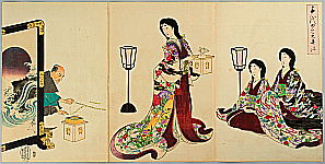 Chikanobu Toyohara 1838-1912 - Warding Off Devils - Ladies of Chiyoda Palace - artelino Art Auctions. Chikanobu Toyohara 1838-1912 - Warding Off Devils - Ladies of Chiyoda Palace