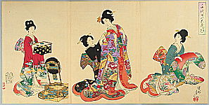 Chikanobu Toyohara 1838-1912 - Dressing Up - Ladies at Chiyoda Palace - artelino Art Auctions. Chikanobu Toyohara 1838-1912 - Dressing Up - Ladies at Chiyoda Palace