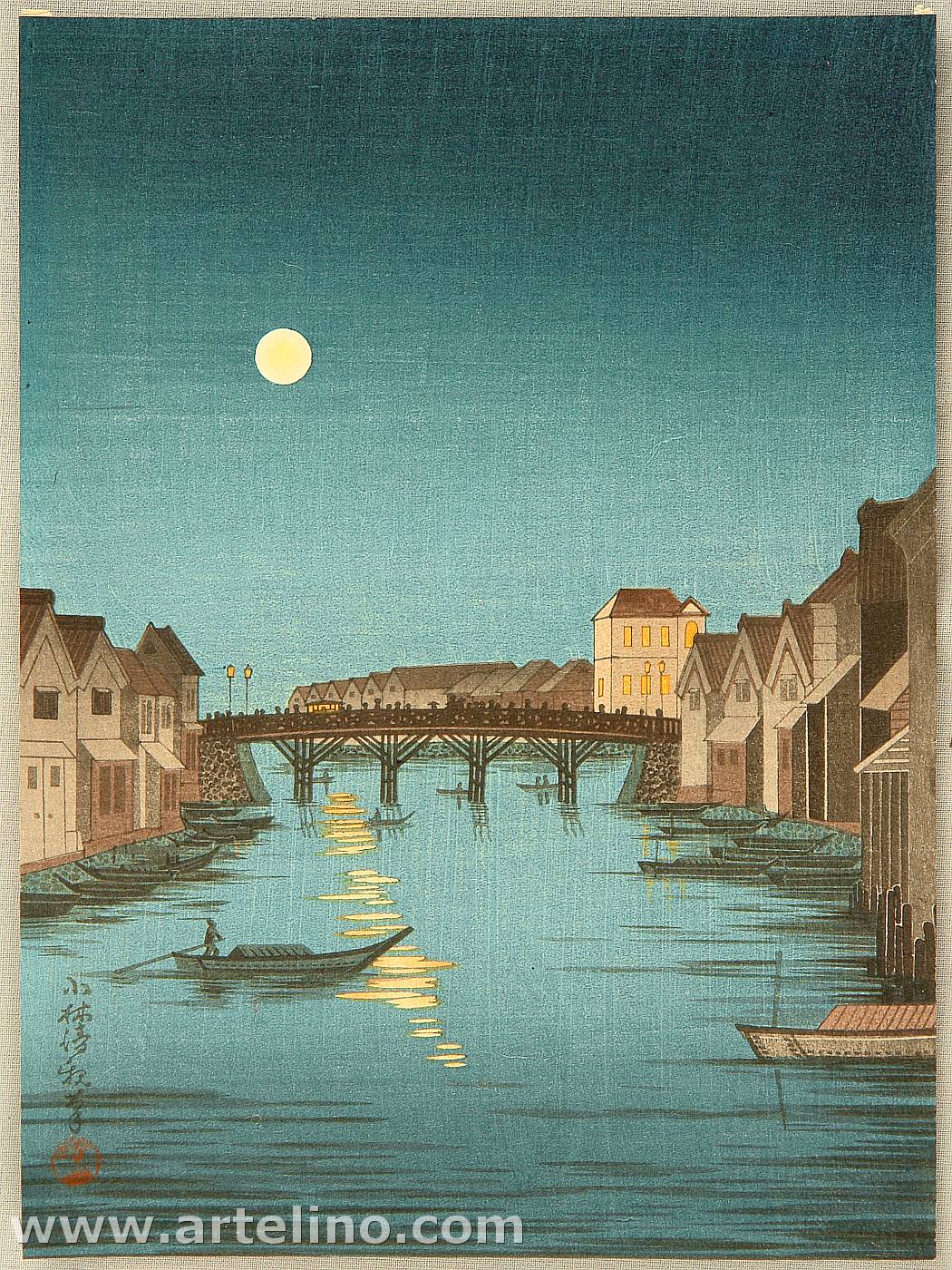 Kobayashi Kiyochika: Full Moon at Nihonbashi bridge - Artelino