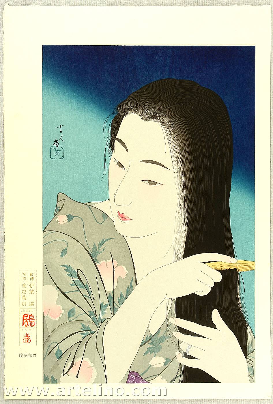 鳥居言人: Hair Combing - 髪梳き - Ohmi Gallery - 浮世絵検索