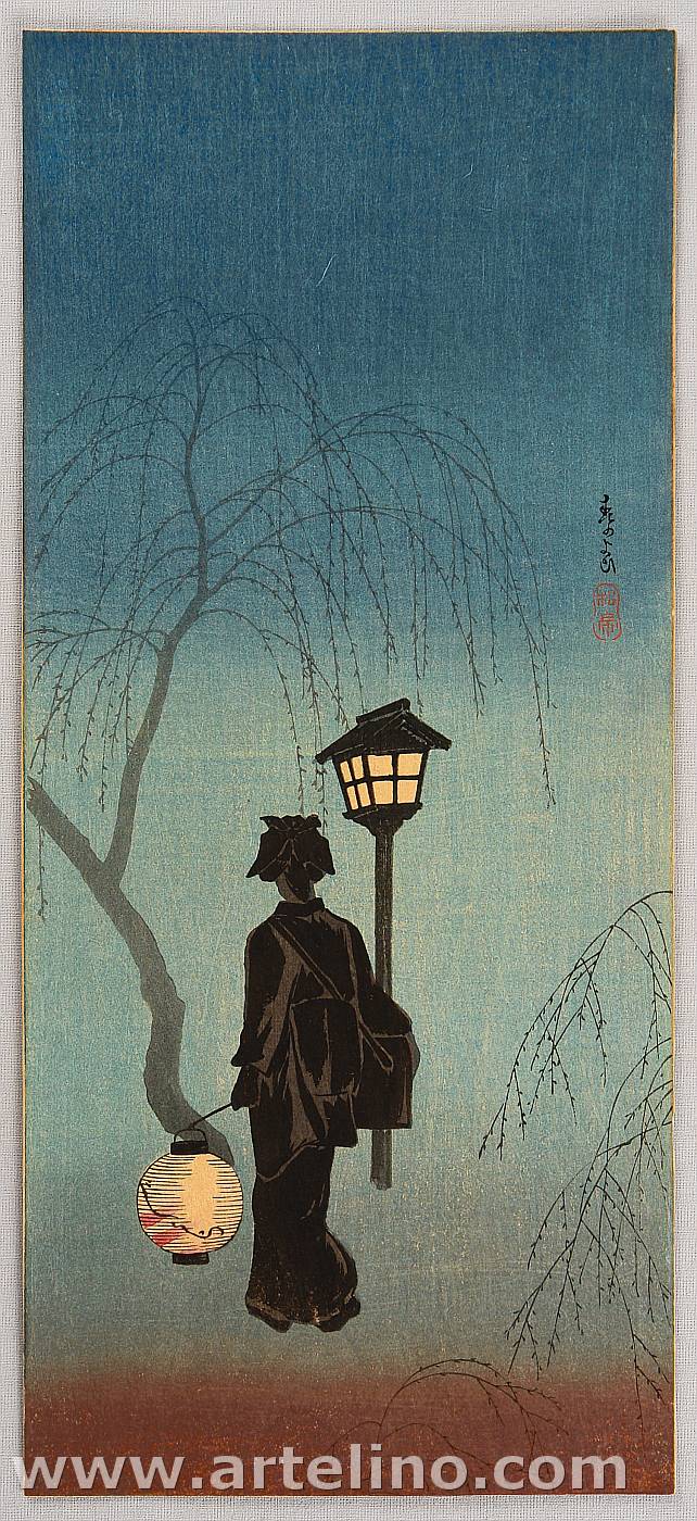 Takahashi Hiroaki: Geisha by Lantern - Spring Evening - Artelino 