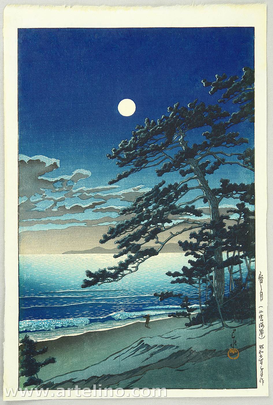川瀬巴水: Spring Moon at Ninomiya Beach - Japanese Art Open 
