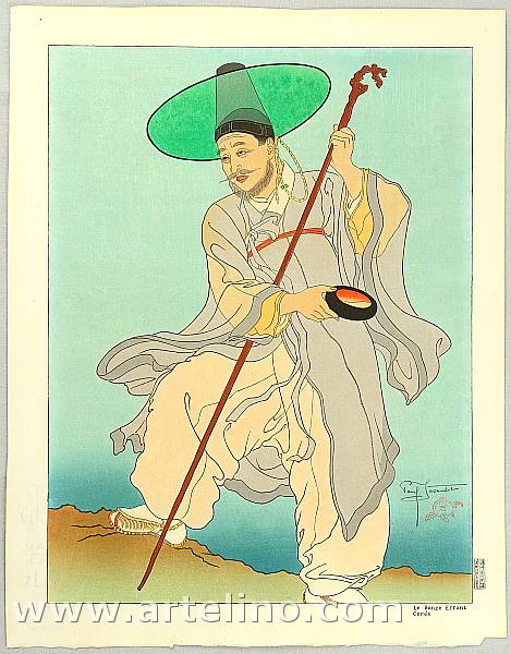 Paul Jacoulet 1902-1960 - Wandering Buddhist Priest - Le Bonze Errant Corée - artelino Art Auctions. Paul Jacoulet 1902-1960 - Wandering Buddhist Priest - Le Bonze Errant Corée