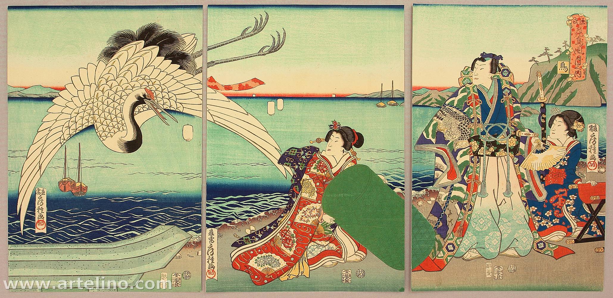 Utagawa Fusatane: Prince Genji and Crane - Artelino - Ukiyo-e Search