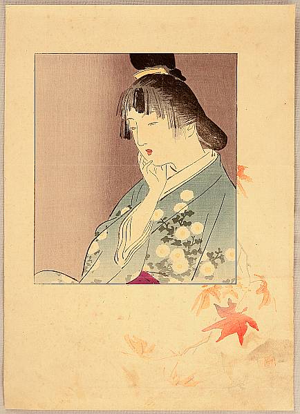 Hanko Kajita 1870-1917 - Girl and Maple Leaves - artelino Art Auctions. Hanko Kajita 1870-1917 - Girl and Maple Leaves