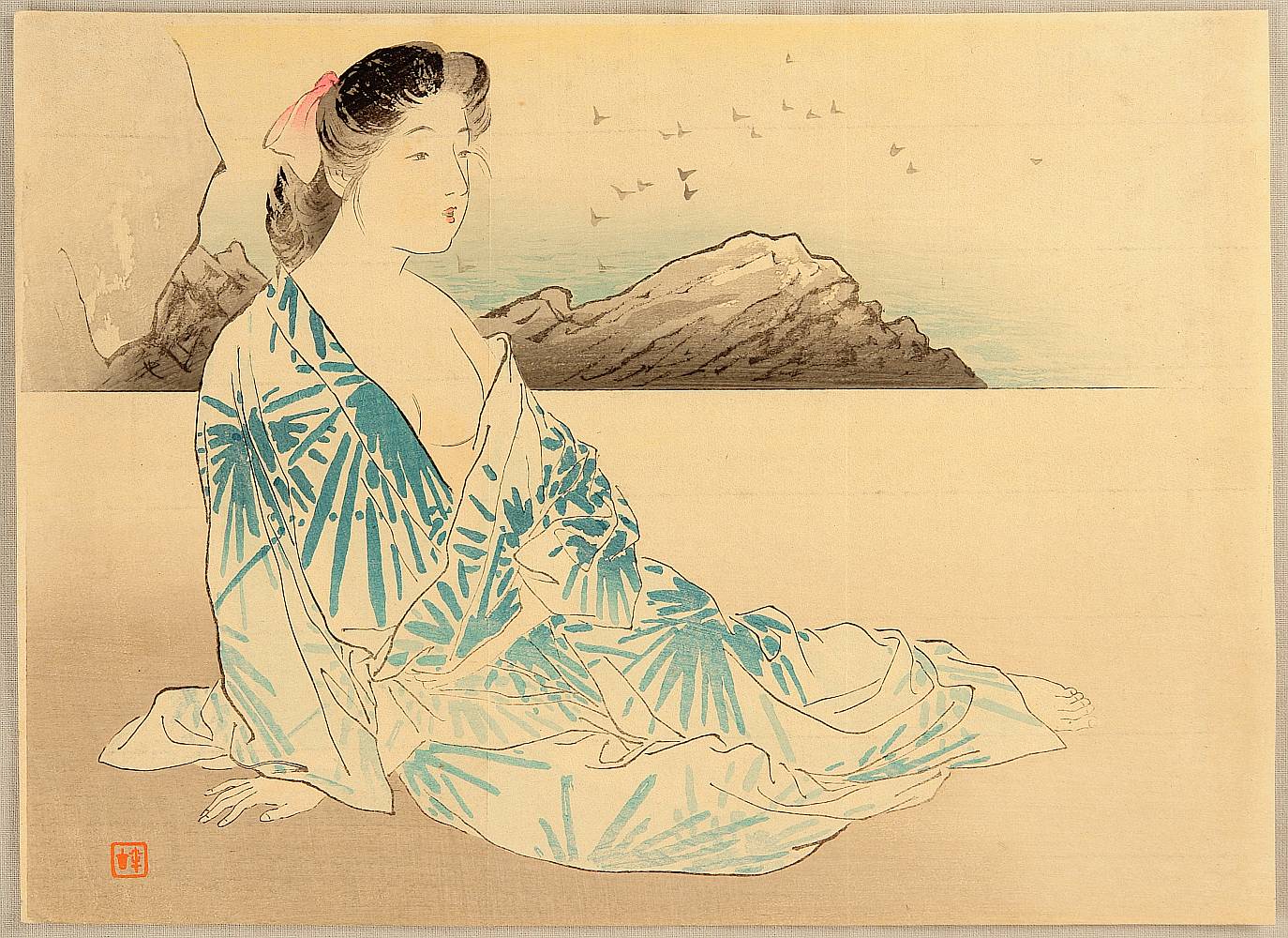 梶田半古: On a Beach - Artelino - 浮世絵検索