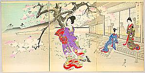 Chikanobu Toyohara 1838-1912 - Evening Cherry Blossoms - Ladies of Chiyoda Palace - artelino Art Auctions. Chikanobu Toyohara 1838-1912 - Evening Cherry Blossoms - Ladies of Chiyoda Palace