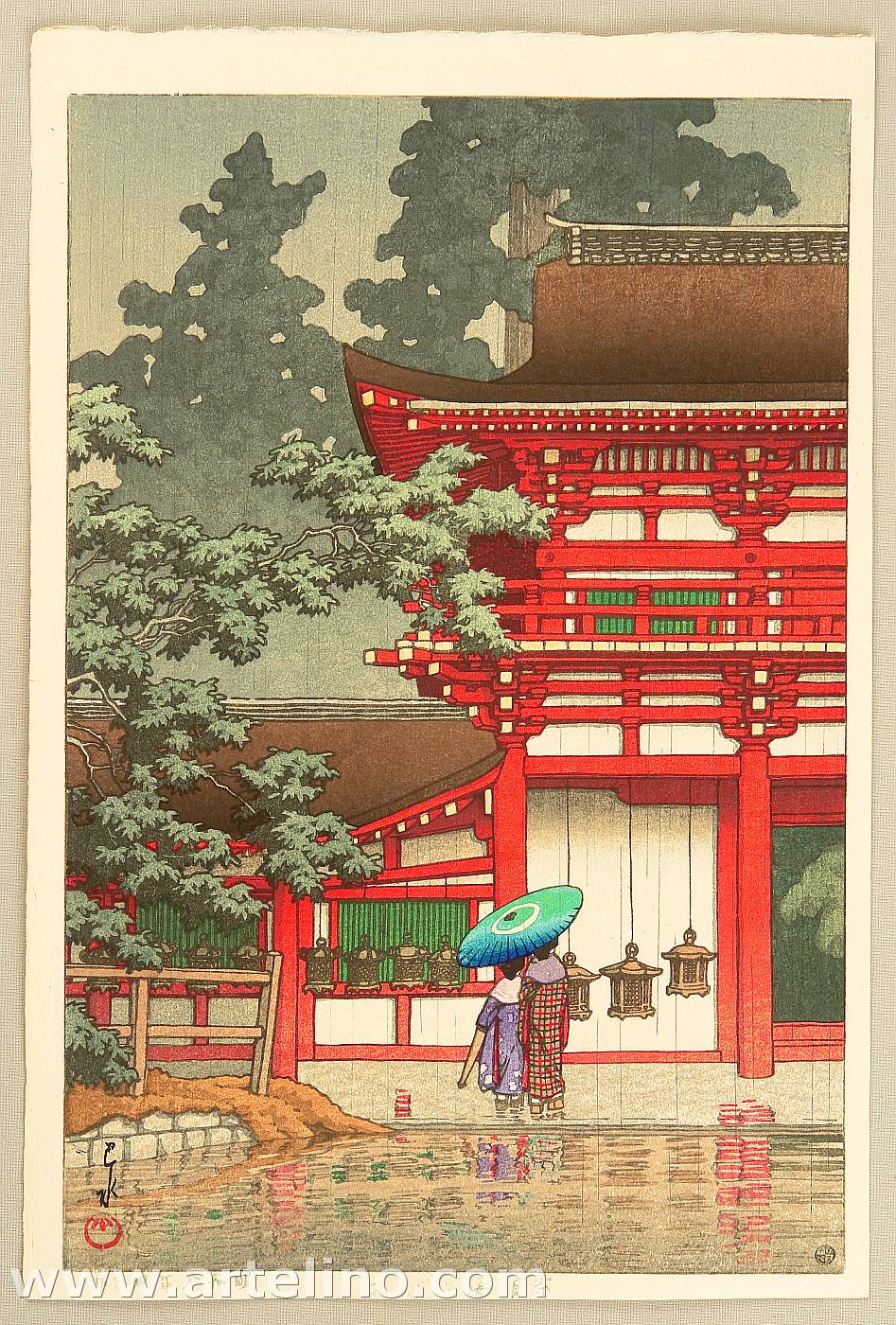 Kawase Hasui: Rain at Kasuga Shrine Print on canvas or paper 1933 Ukiyo-e print Vintage style gift Japanese Art Japanese landscape
