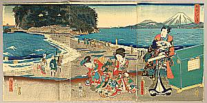Hiroshige II Utagawa 1829-1869 - Prince Genji at Enoshima Beach - artelino Art Auctions. Hiroshige II Utagawa 1829-1869 - Prince Genji at Enoshima Beach