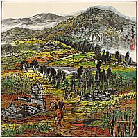 Li Ping born 1963 - Series of Red Land - The Village Beside the Stone Forest No.4