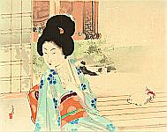 Toshikata Mizuno 1866-1908 - Beauty and Cat on Balcony - artelino Art Auctions. Toshikata Mizuno 1866-1908 - Beauty and Cat on Balcony