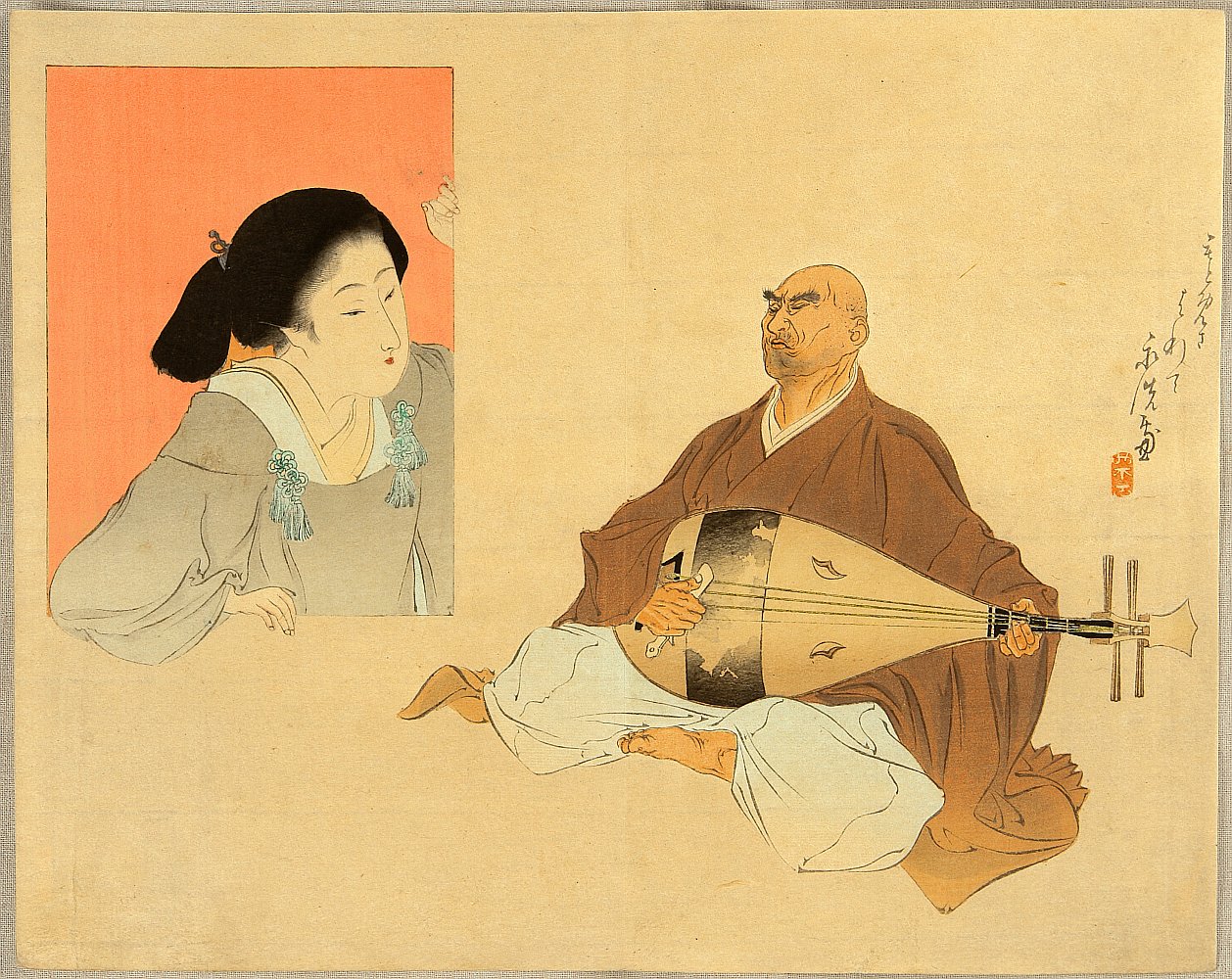 富岡英泉: Beauty and Biwa Player - Artelino - 浮世絵検索