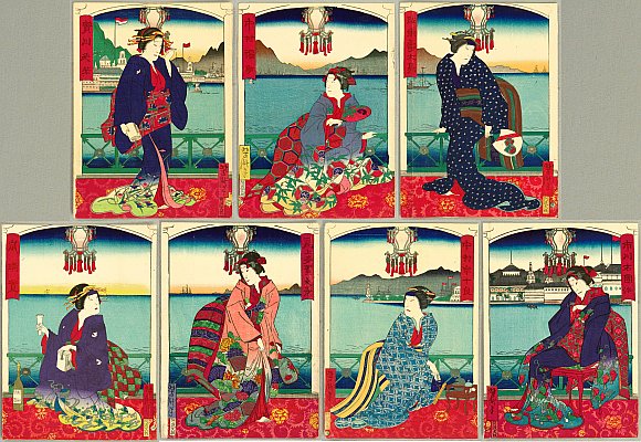 Seven Geisha in Nagasaki - By Yoshitaki Utagawa 1841-1899