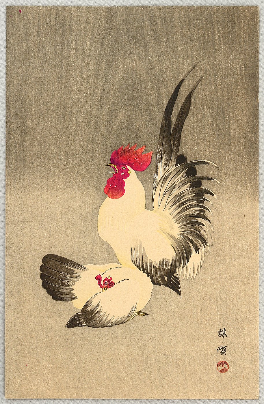 幸野楳嶺: Rooster and Hen - Artelino - 浮世絵検索