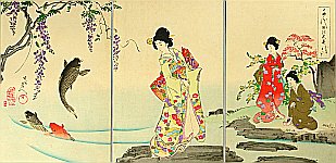 Chikanobu Toyohara 1838-1912 - Carp and Wisteria - Ladies of Chiyoda Palace - artelino Art Auctions. Chikanobu Toyohara 1838-1912 - Carp and Wisteria - Ladies of Chiyoda Palace