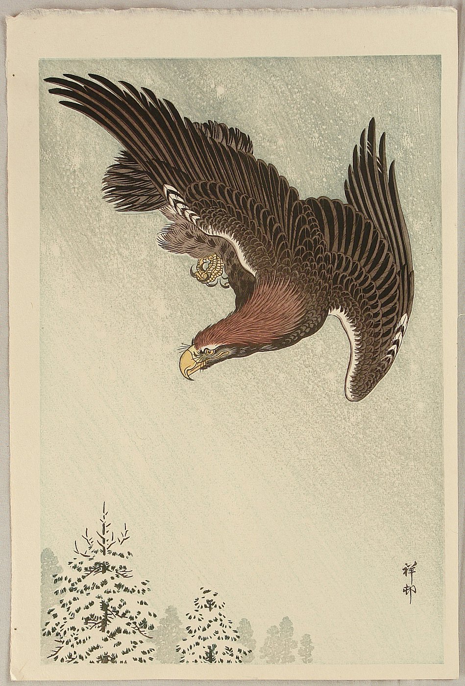 小原古邨: Eagle in Flight against a Snowy Sky - Artelino - 浮世絵検索