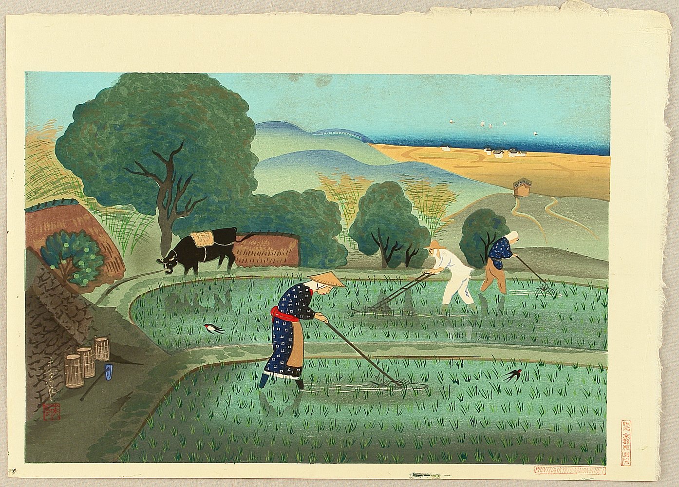 BKMiller428: ukiyo-e Japanese watercolor masterpiece of a pretty peasant  farmer harvesting rice by hand